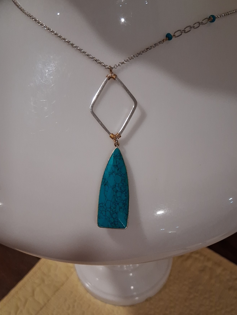 Turquoise Teardrop Pendant Necklace with Silver Geometric Link